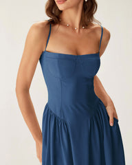 Navy Square Neck Pocket Slip Midi Dress | Rihoas