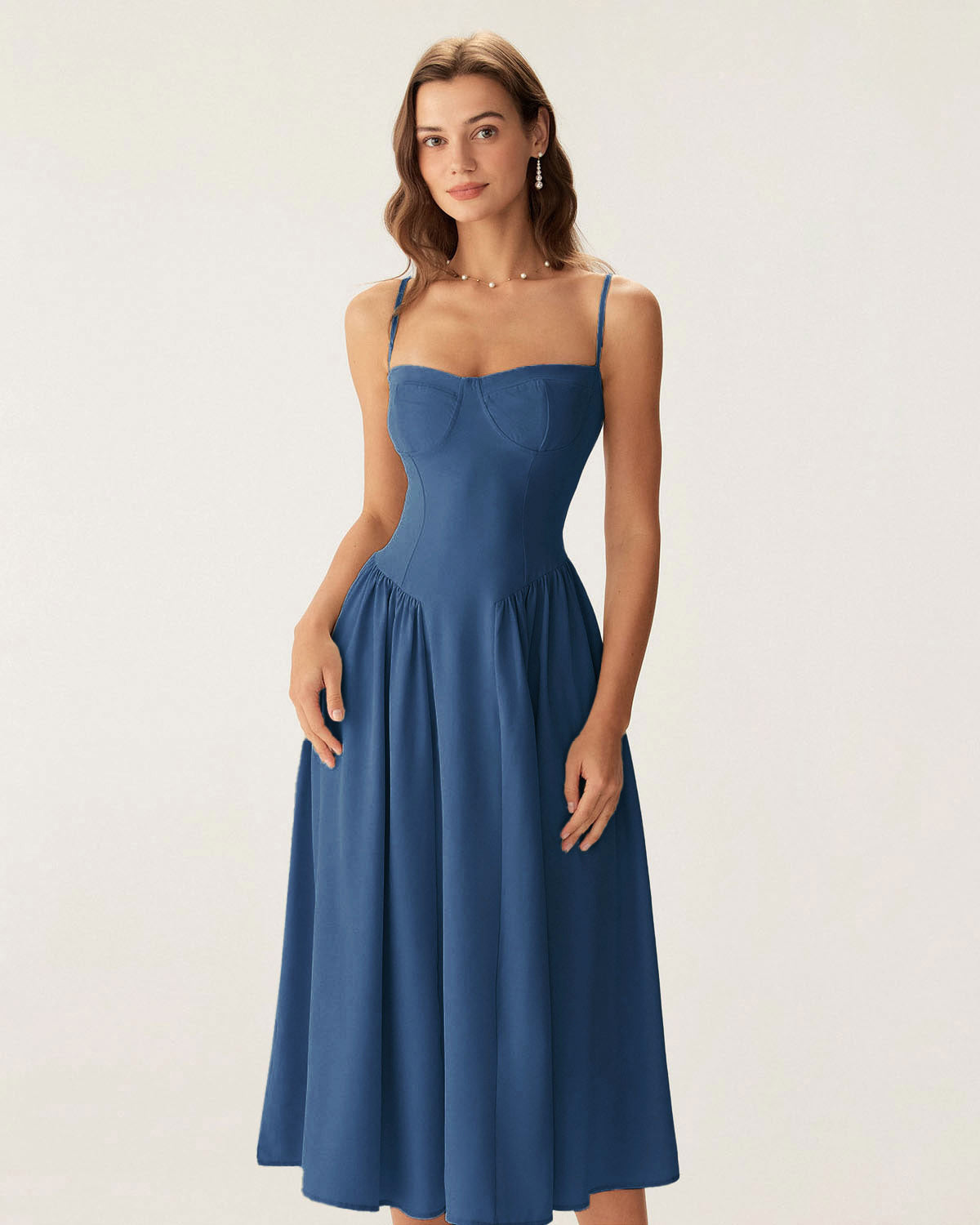 Navy Square Neck Pocket Slip Midi Dress | Rihoas