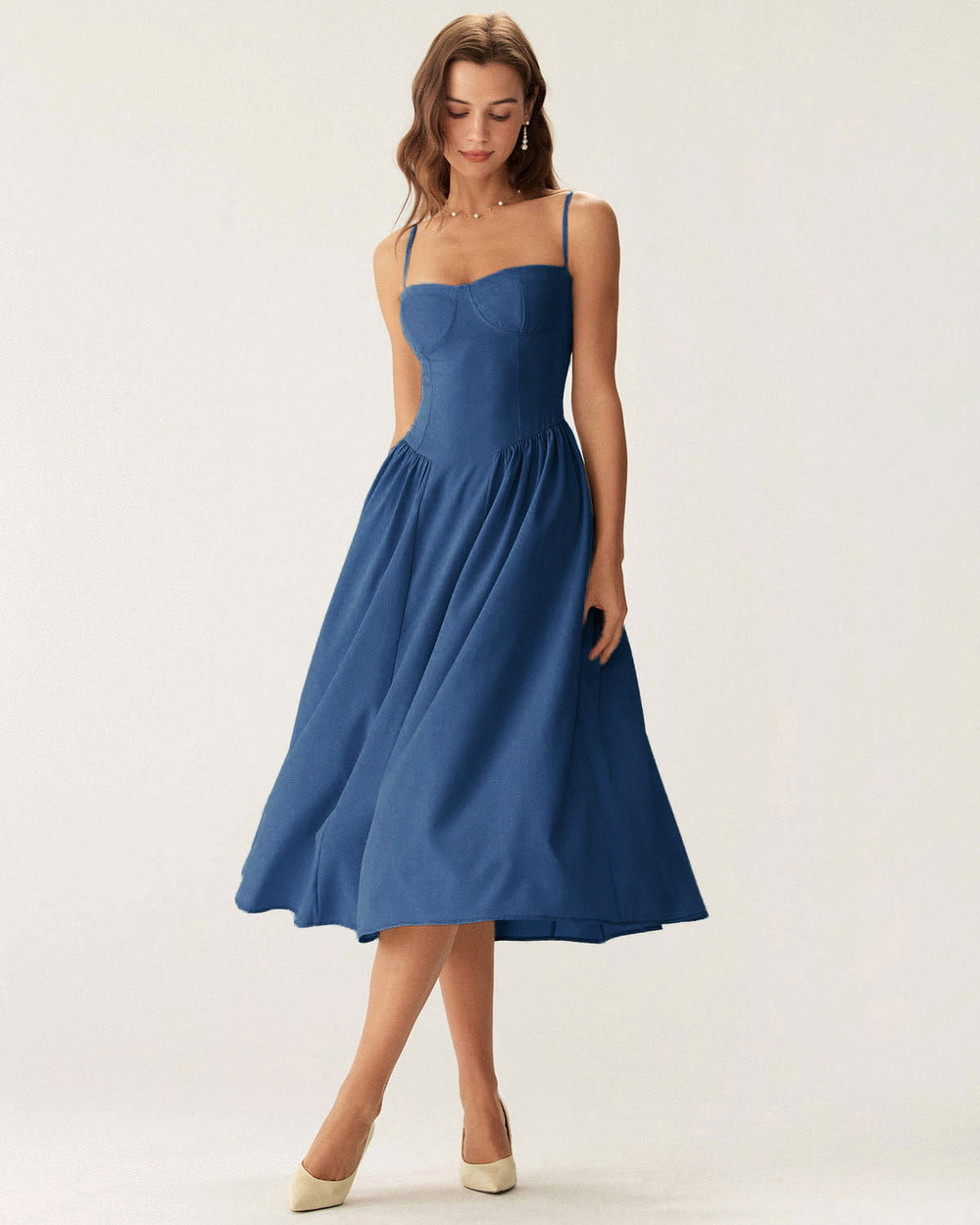 Navy Square Neck Pocket Slip Midi Dress | Rihoas