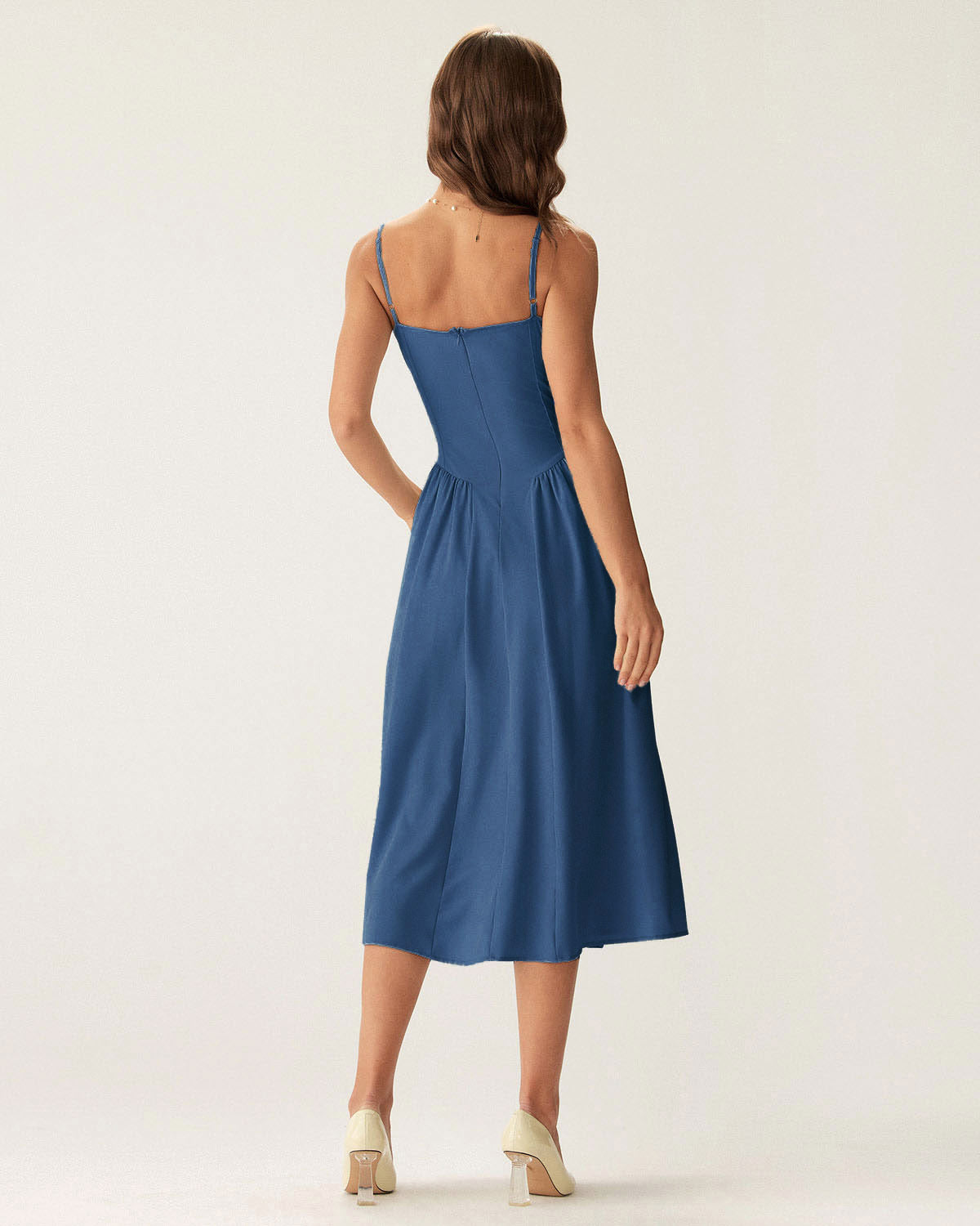 Navy Square Neck Pocket Slip Midi Dress | Rihoas