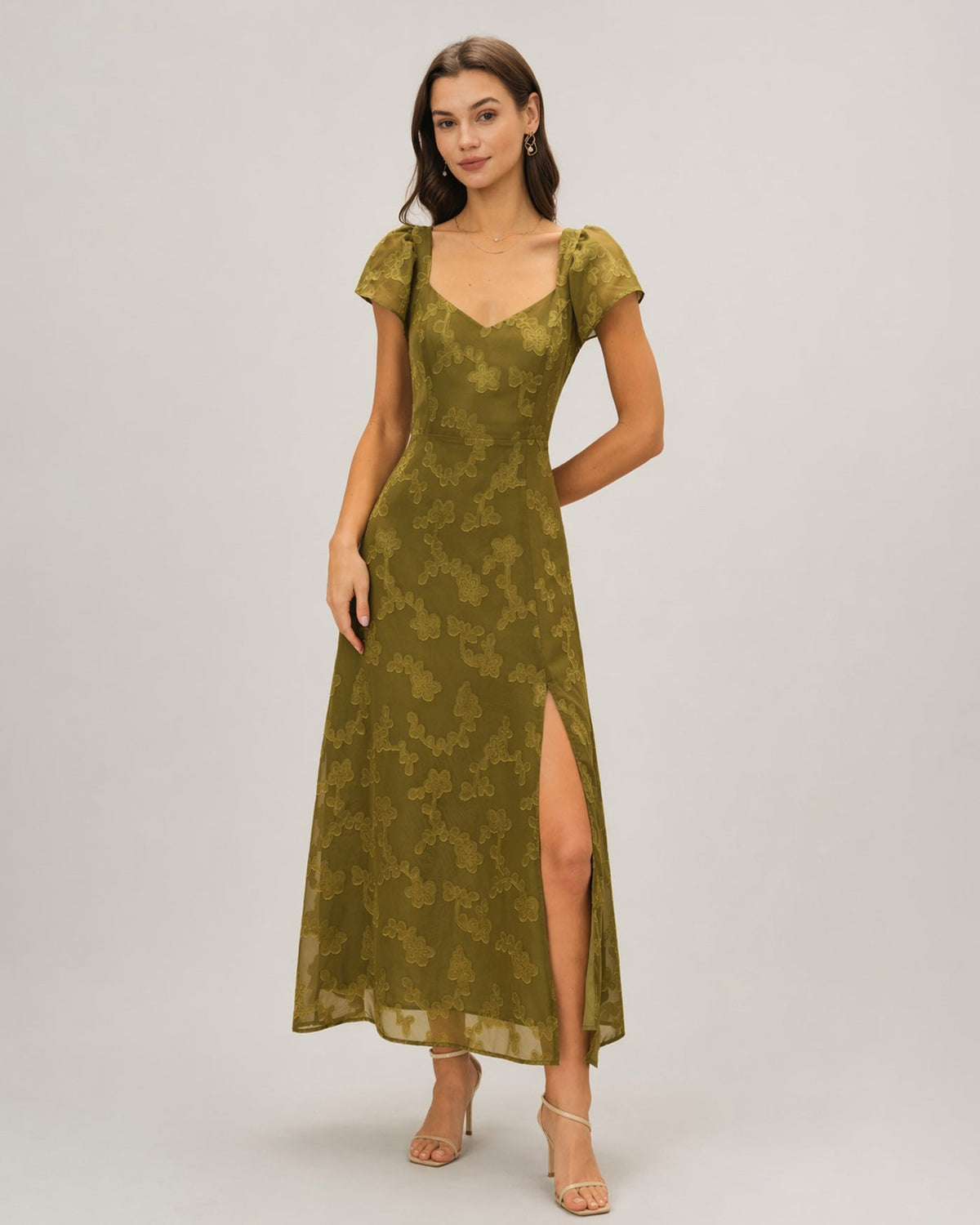 Green Sweetheart Neck Jacquard Maxi Dress | Rihoas