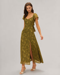 Green Sweetheart Neck Jacquard Maxi Dress | Rihoas