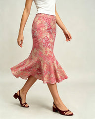 Pink Floral Mermaid Midi Skirt | Rihoas