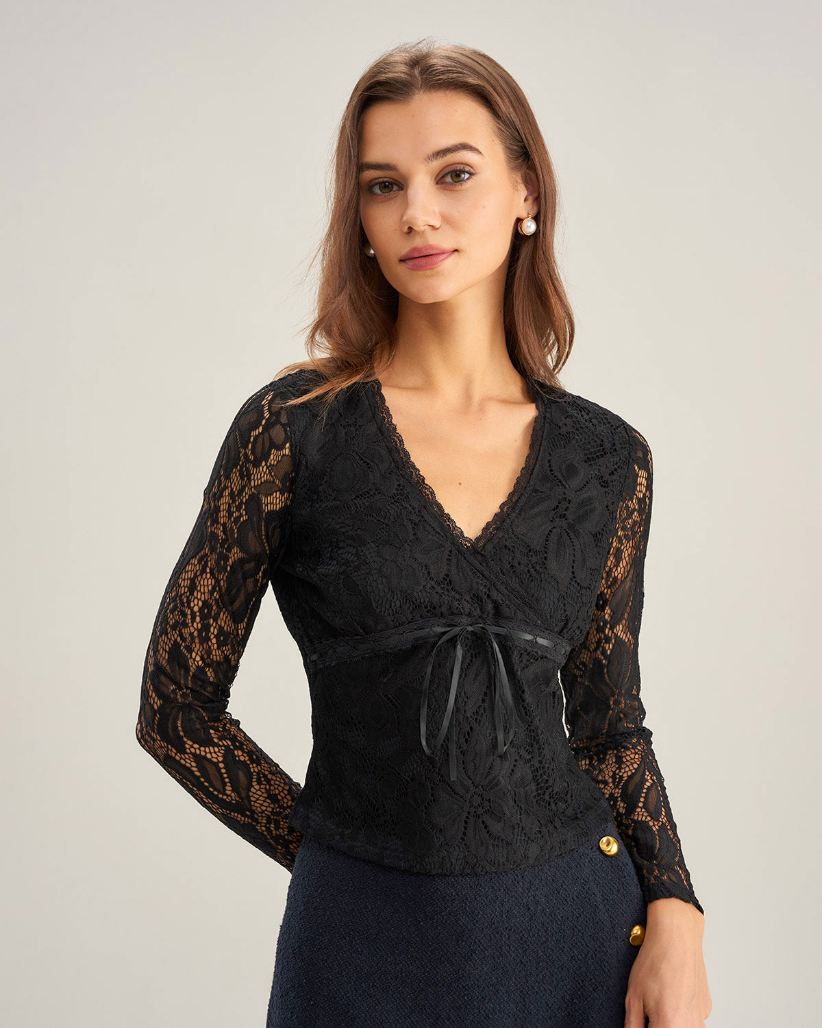 Black V Neck Slim Lace Tee | Rihoas