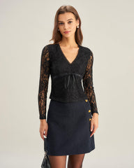 Black V Neck Slim Lace Tee | Rihoas