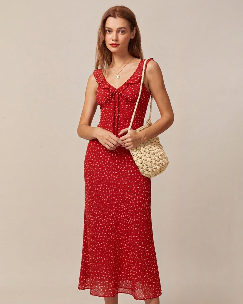 Red Floral V Neck Ruffle Maxi Dress | Rihoas