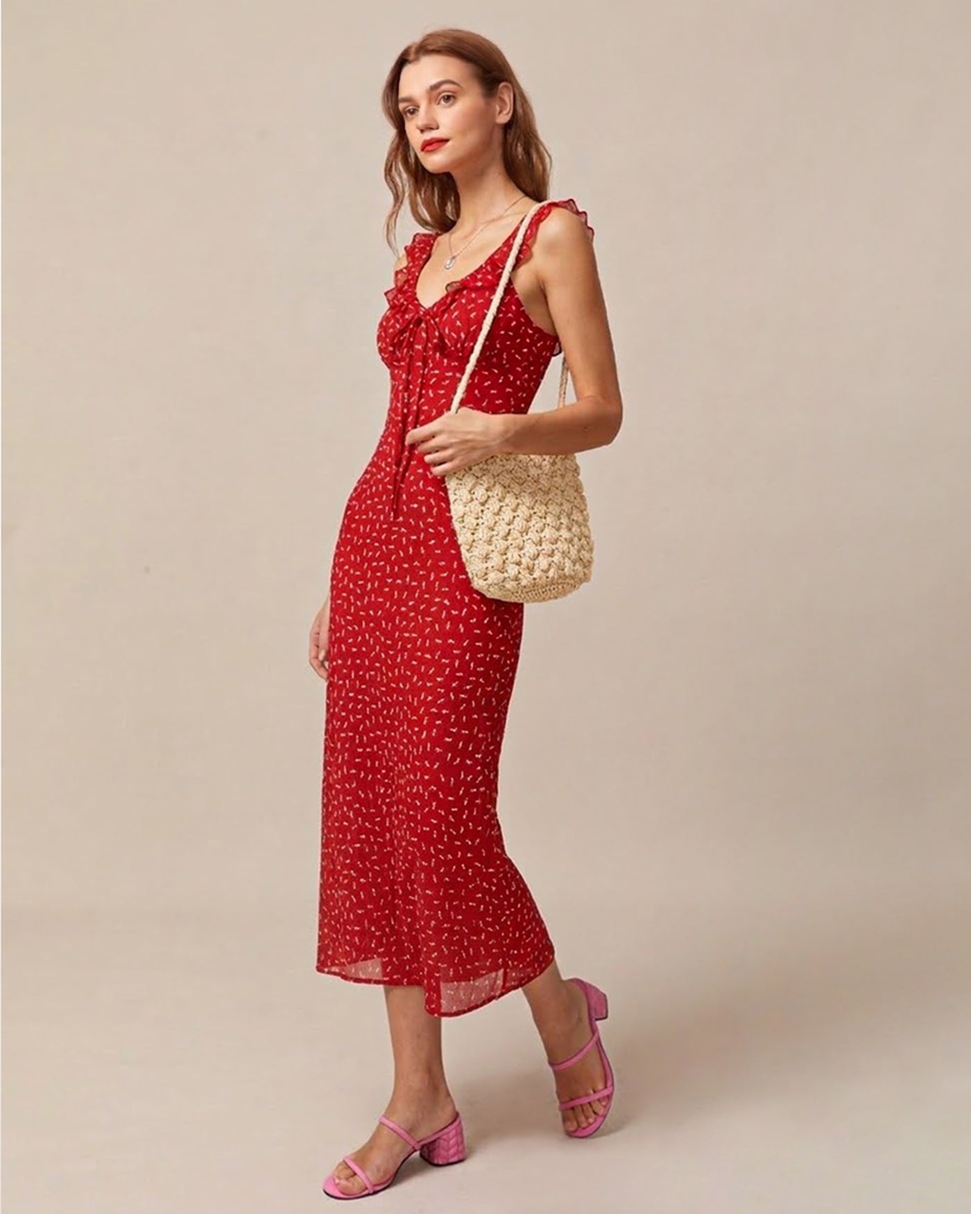 Red Floral V Neck Ruffle Maxi Dress | Rihoas