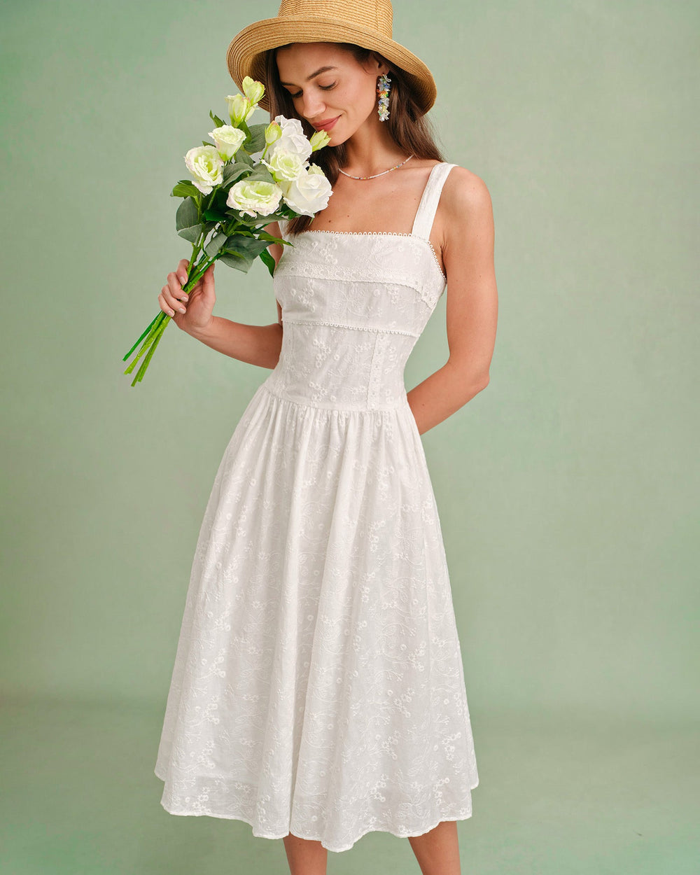 White Square Neck Slip Midi Dress | Rihoas
