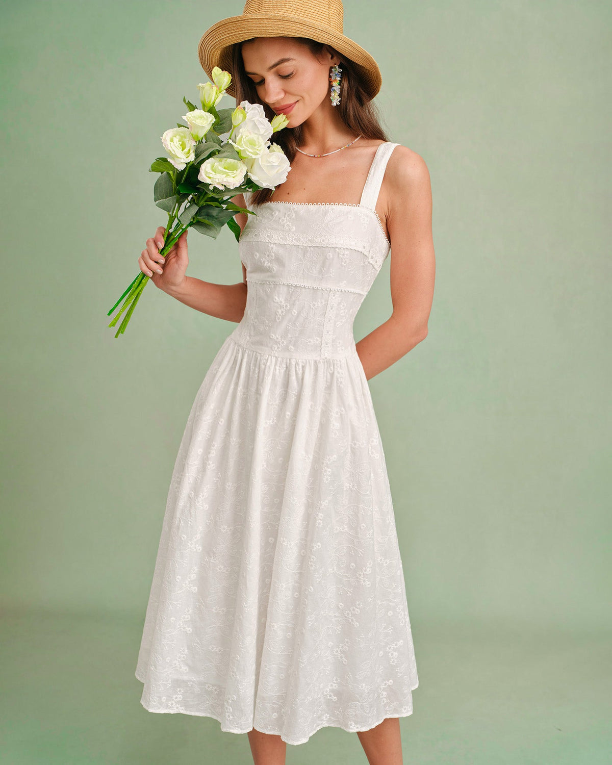 White Square Neck Slip Midi Dress | Rihoas