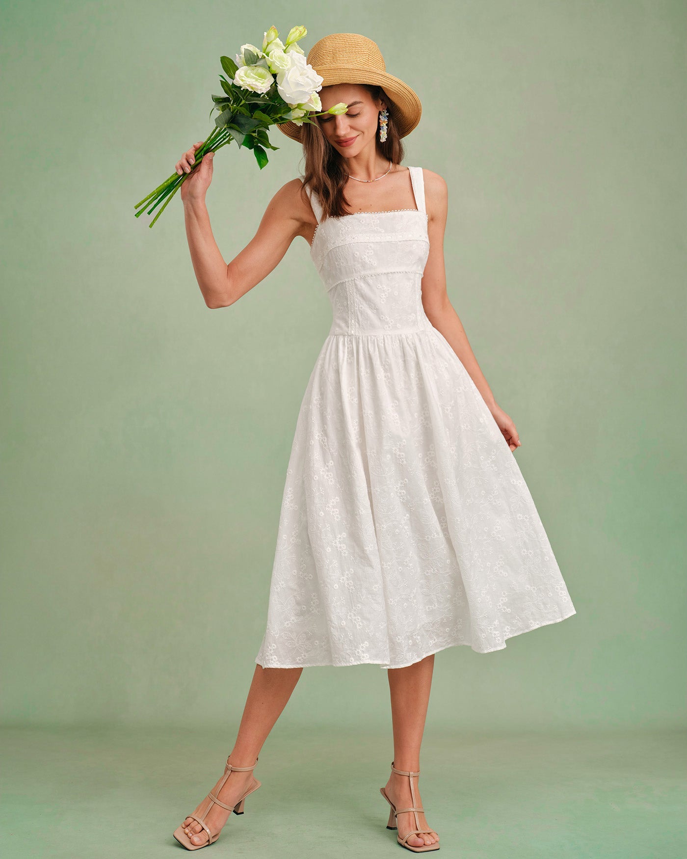 White Square Neck Slip Midi Dress | Rihoas