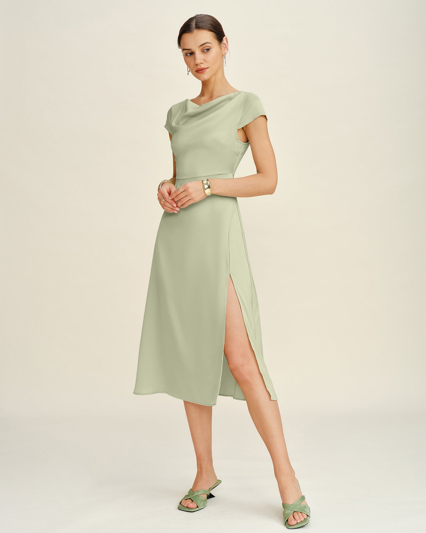 Green Boat Neck Tunic Midi Dress | Rihoas