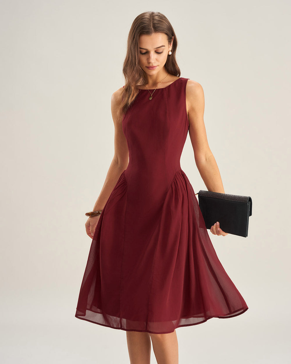 Wine Red Chiffon Sleeveless Midi Dress | Rihoas