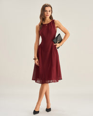 Wine Red Chiffon Sleeveless Midi Dress | Rihoas