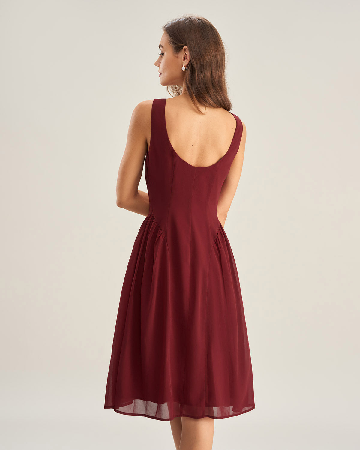 Wine Red Chiffon Sleeveless Midi Dress | Rihoas