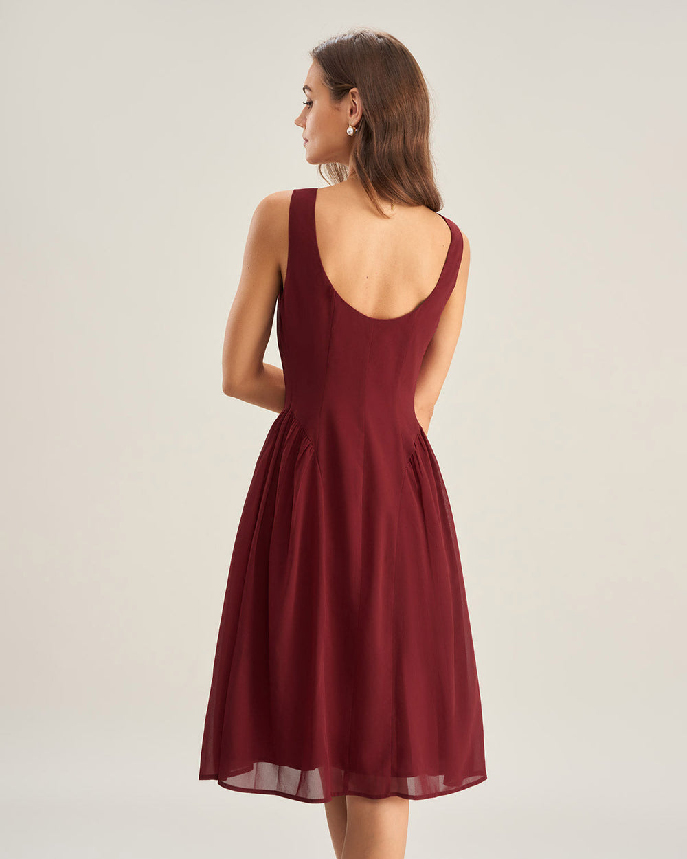 Wine Red Chiffon Sleeveless Midi Dress | Rihoas