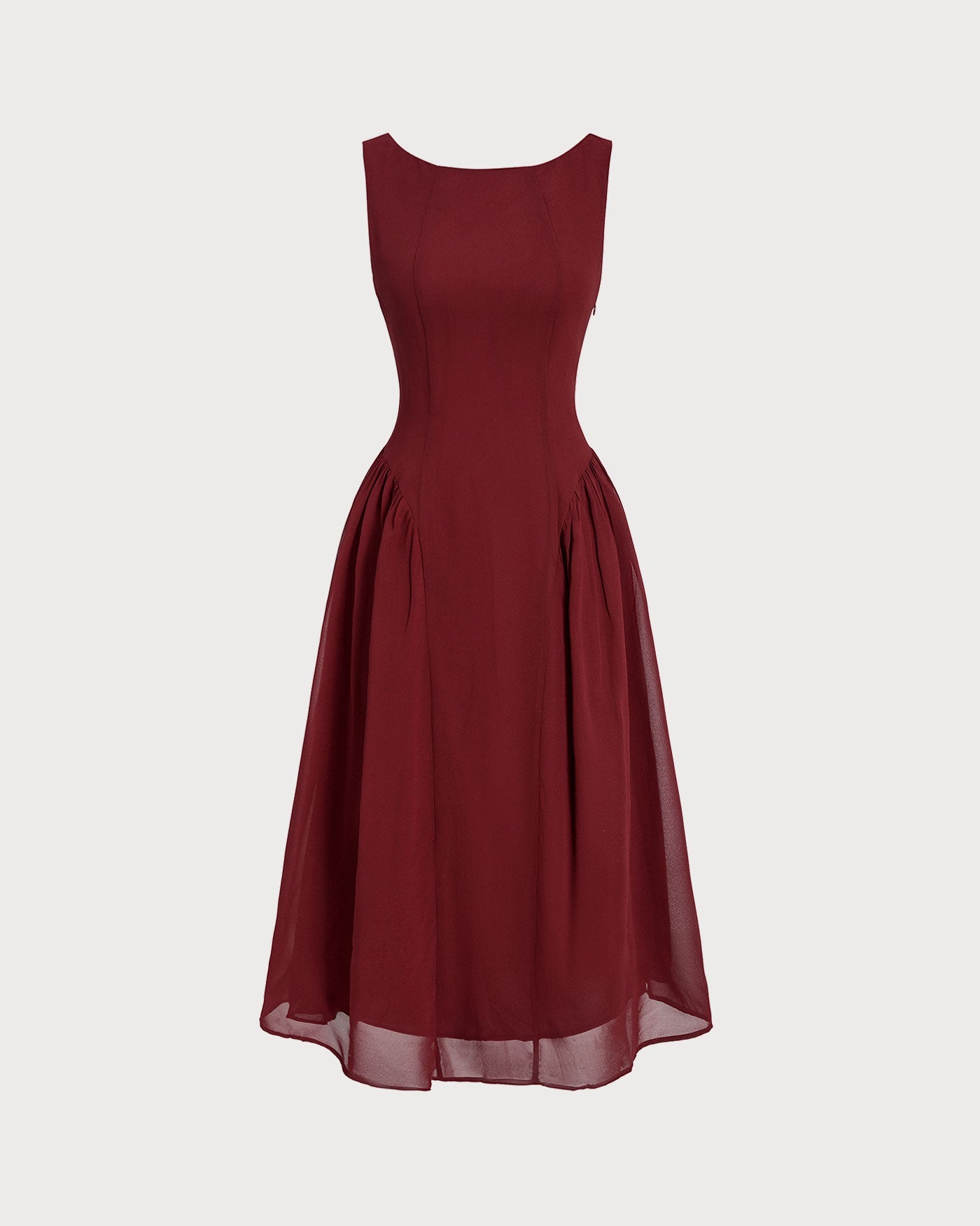 Wine Red Chiffon Sleeveless Midi Dress | Rihoas