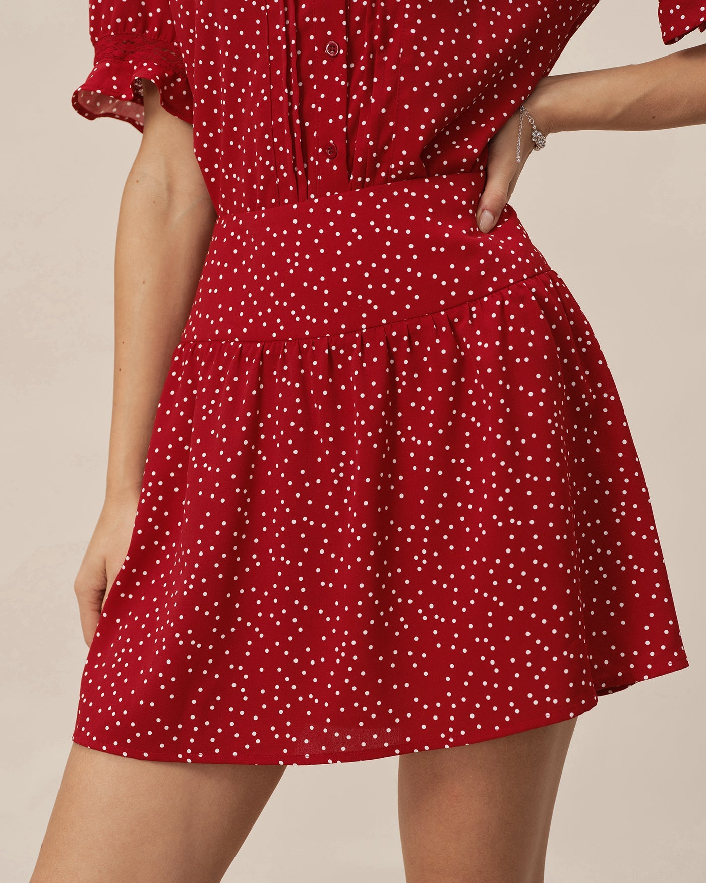 Red Polka Dot Ruched Mini Skirt | Rihoas
