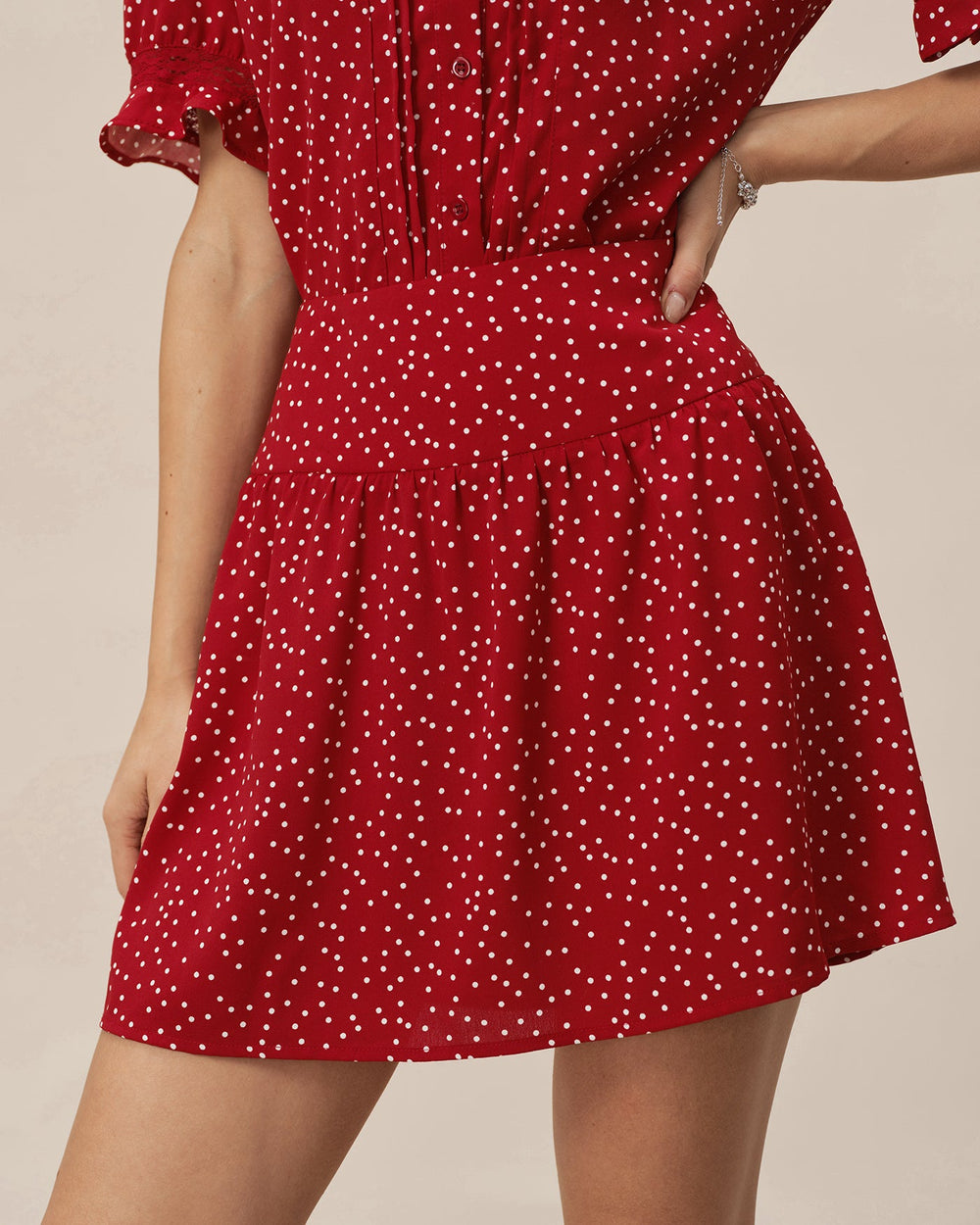 Red Polka Dot Ruched Mini Skirt | Rihoas