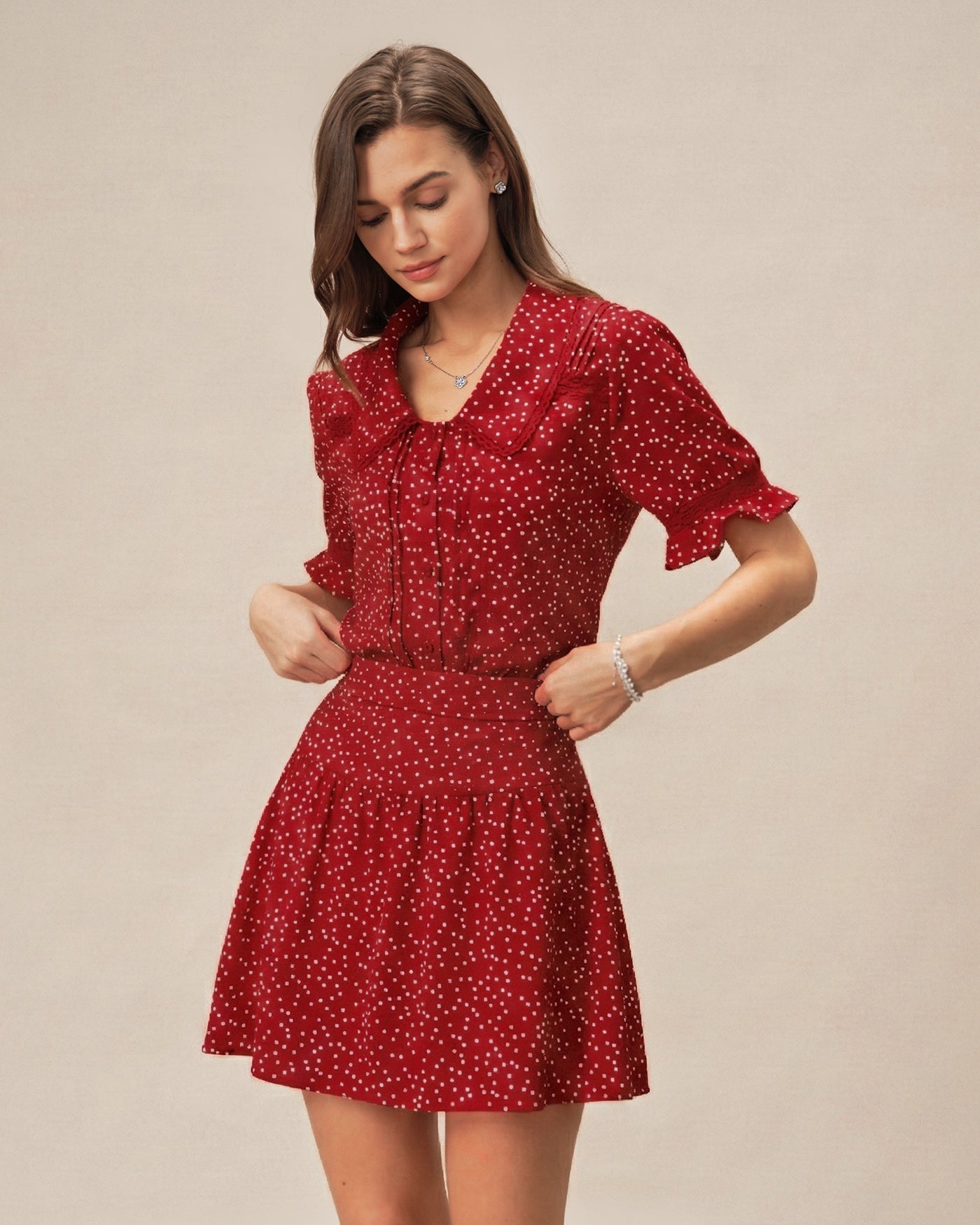 Red Polka Dot Ruched Mini Skirt | Rihoas