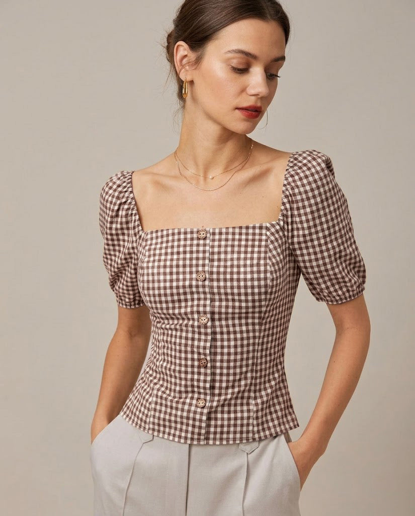 Brown Square Neck Puffed Sleeve Plaid Blouse | Rihoas