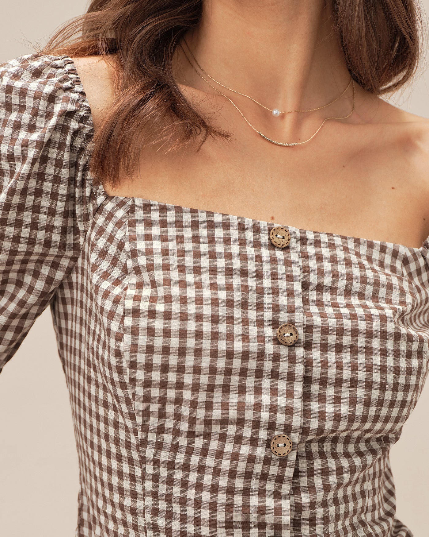 Brown Square Neck Puffed Sleeve Plaid Blouse | Rihoas