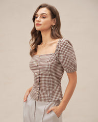 Brown Square Neck Puffed Sleeve Plaid Blouse | Rihoas