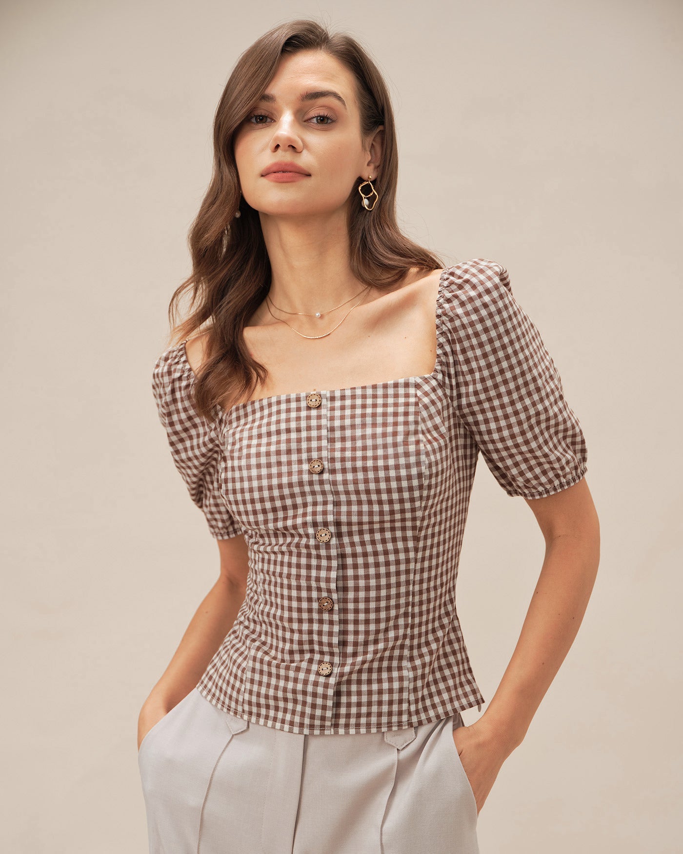 Brown Square Neck Puffed Sleeve Plaid Blouse | Rihoas