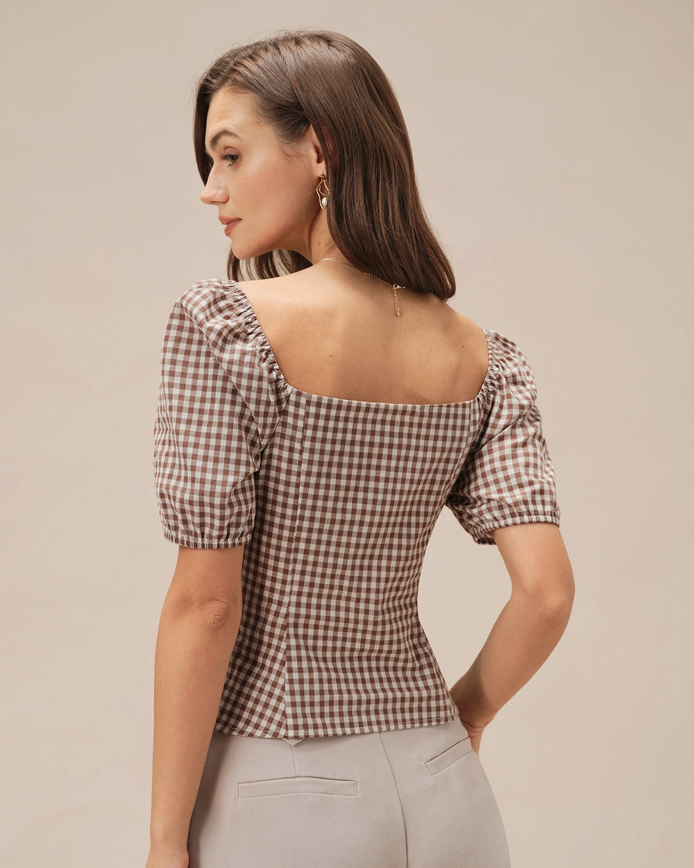 Brown Square Neck Puffed Sleeve Plaid Blouse | Rihoas