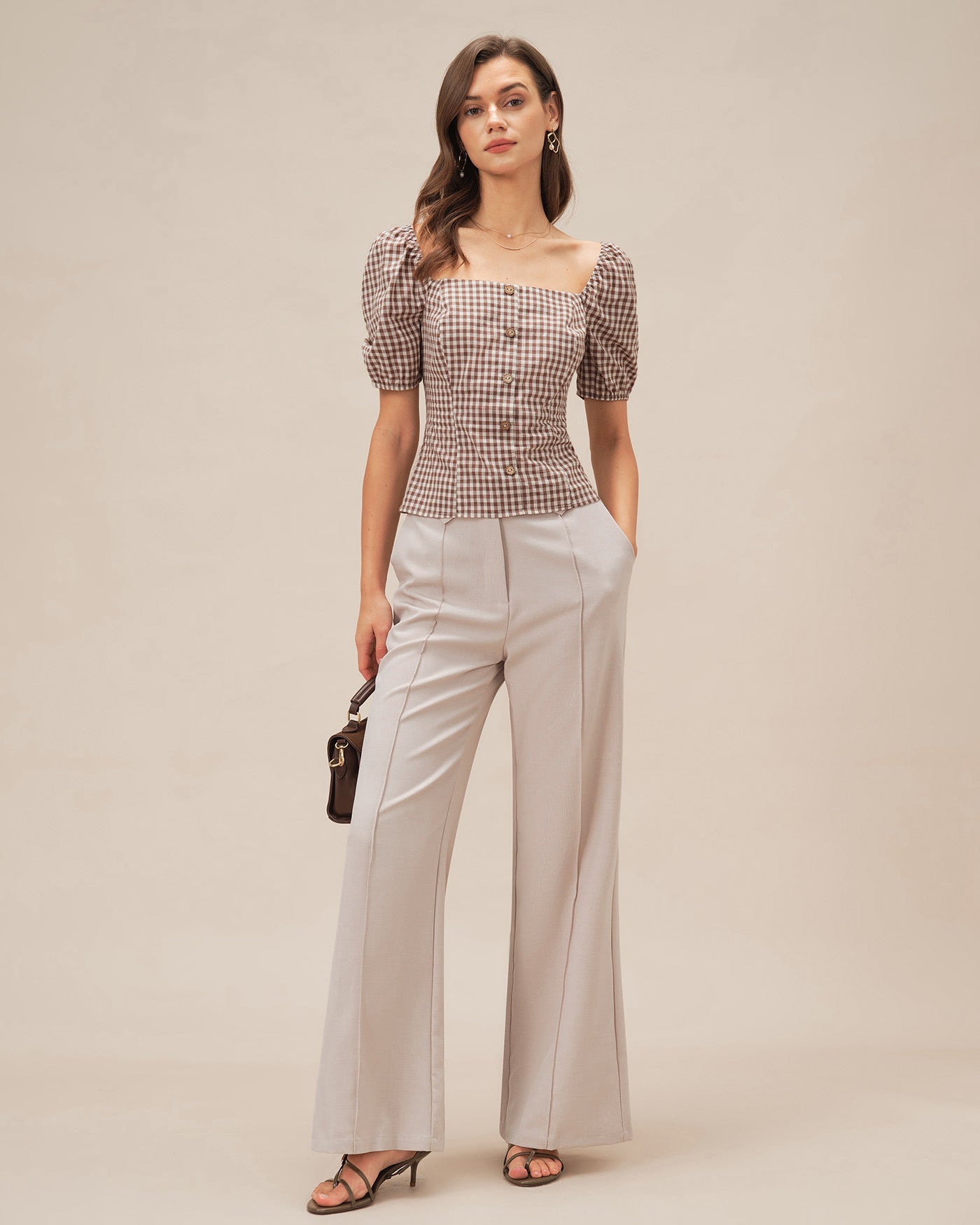 Brown Square Neck Puffed Sleeve Plaid Blouse | Rihoas