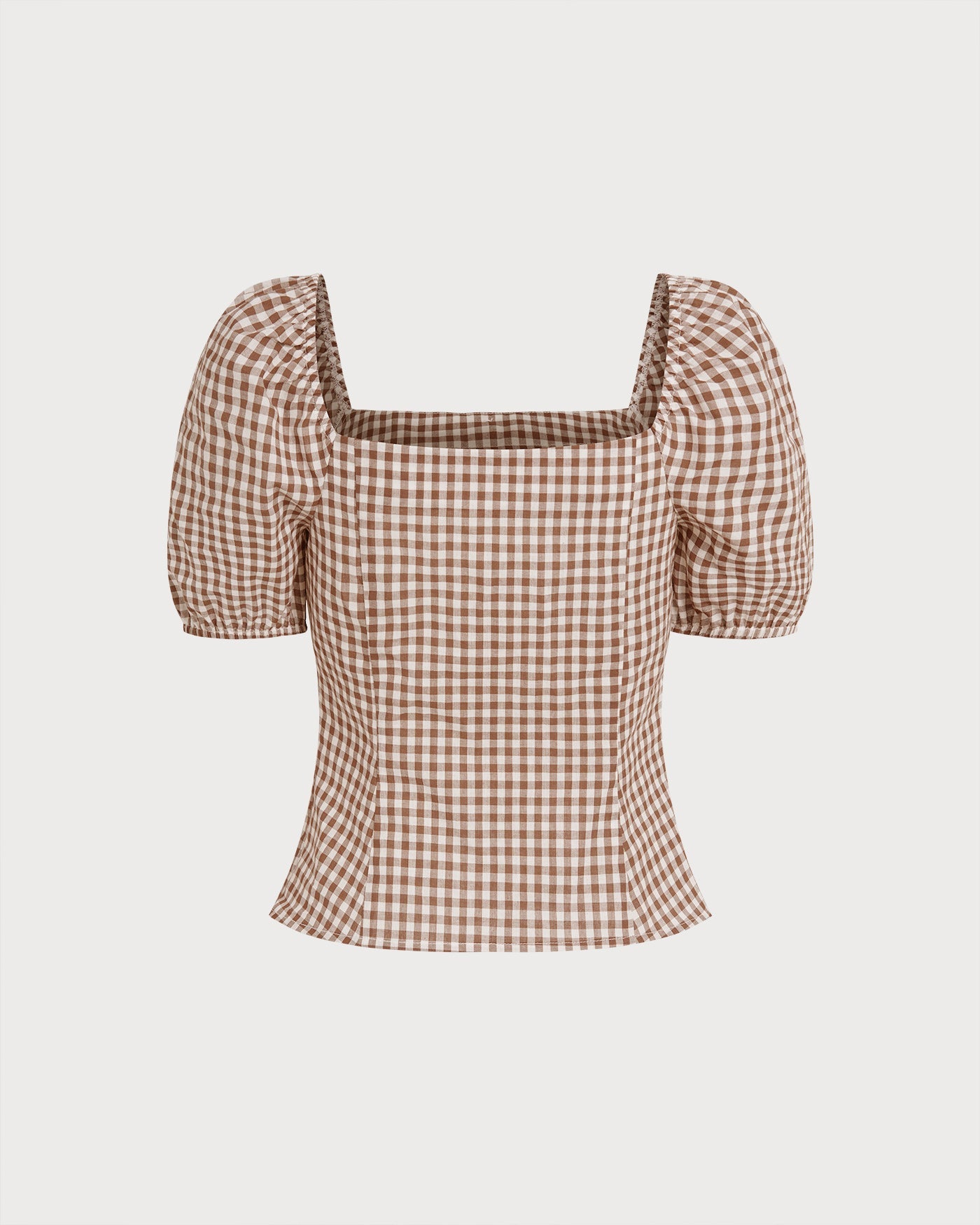 Brown Square Neck Puffed Sleeve Plaid Blouse | Rihoas