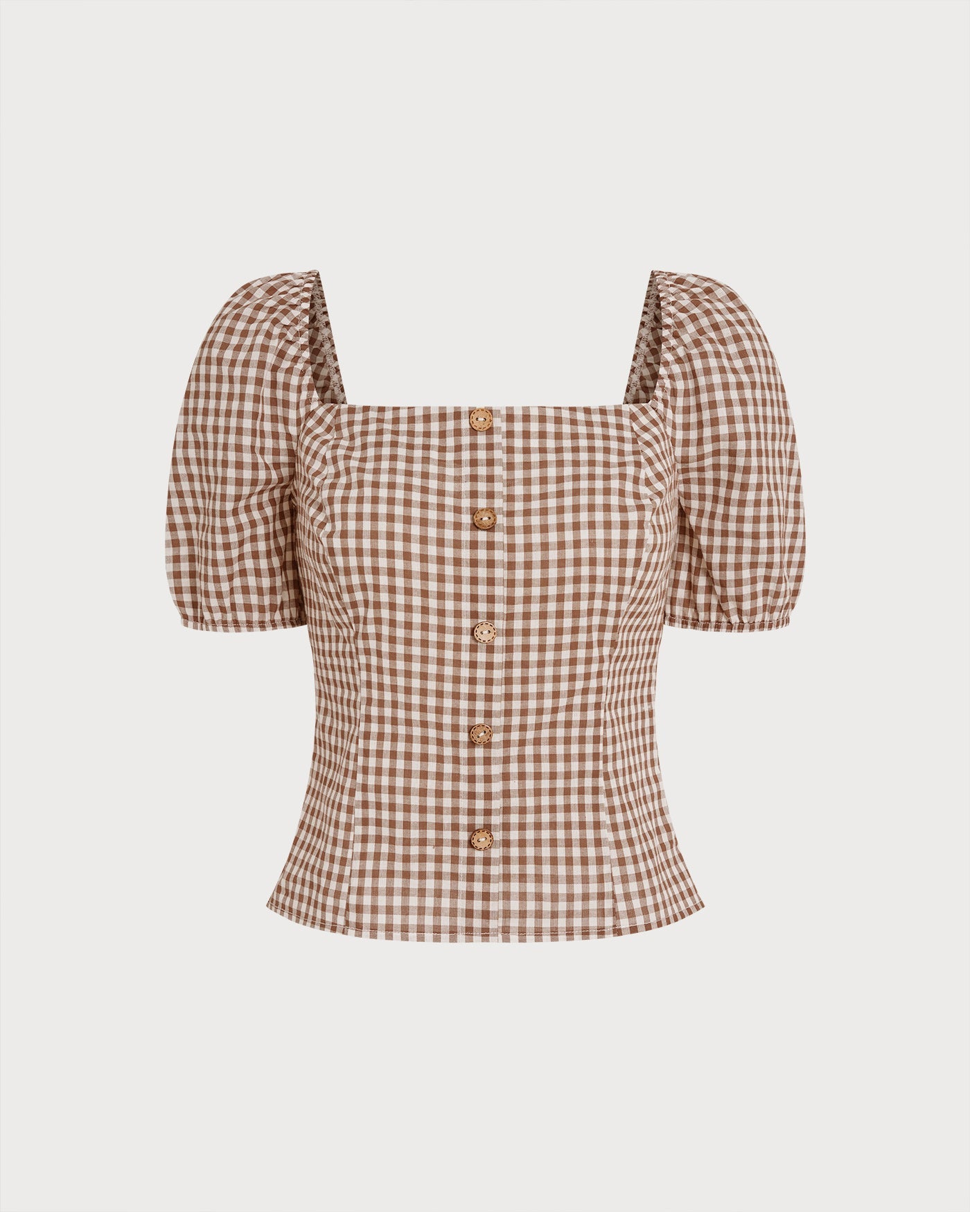 Brown Square Neck Puffed Sleeve Plaid Blouse | Rihoas