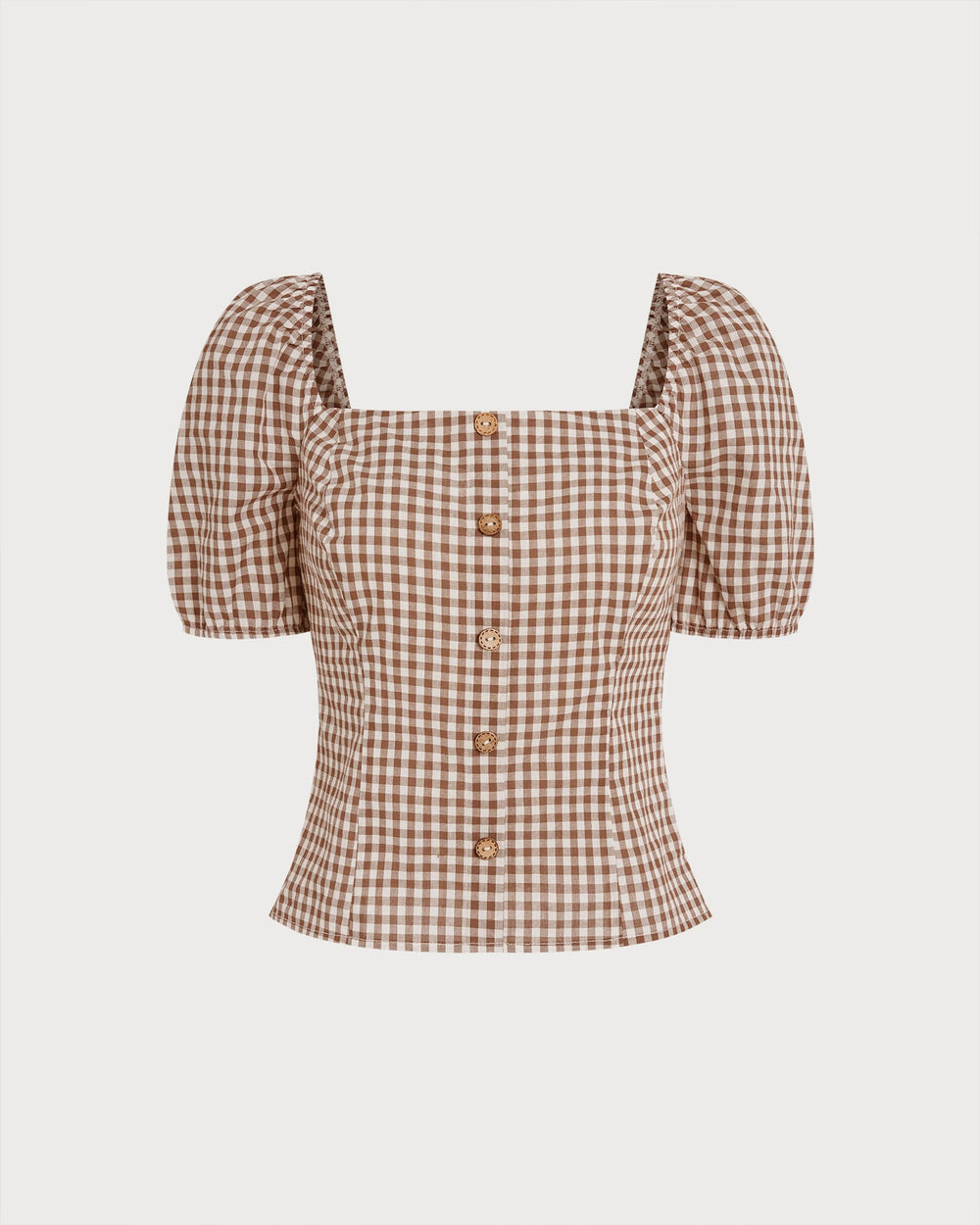 Brown Square Neck Puffed Sleeve Plaid Blouse | Rihoas