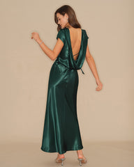 Green Tie Satin Maxi Dress | Rihoas