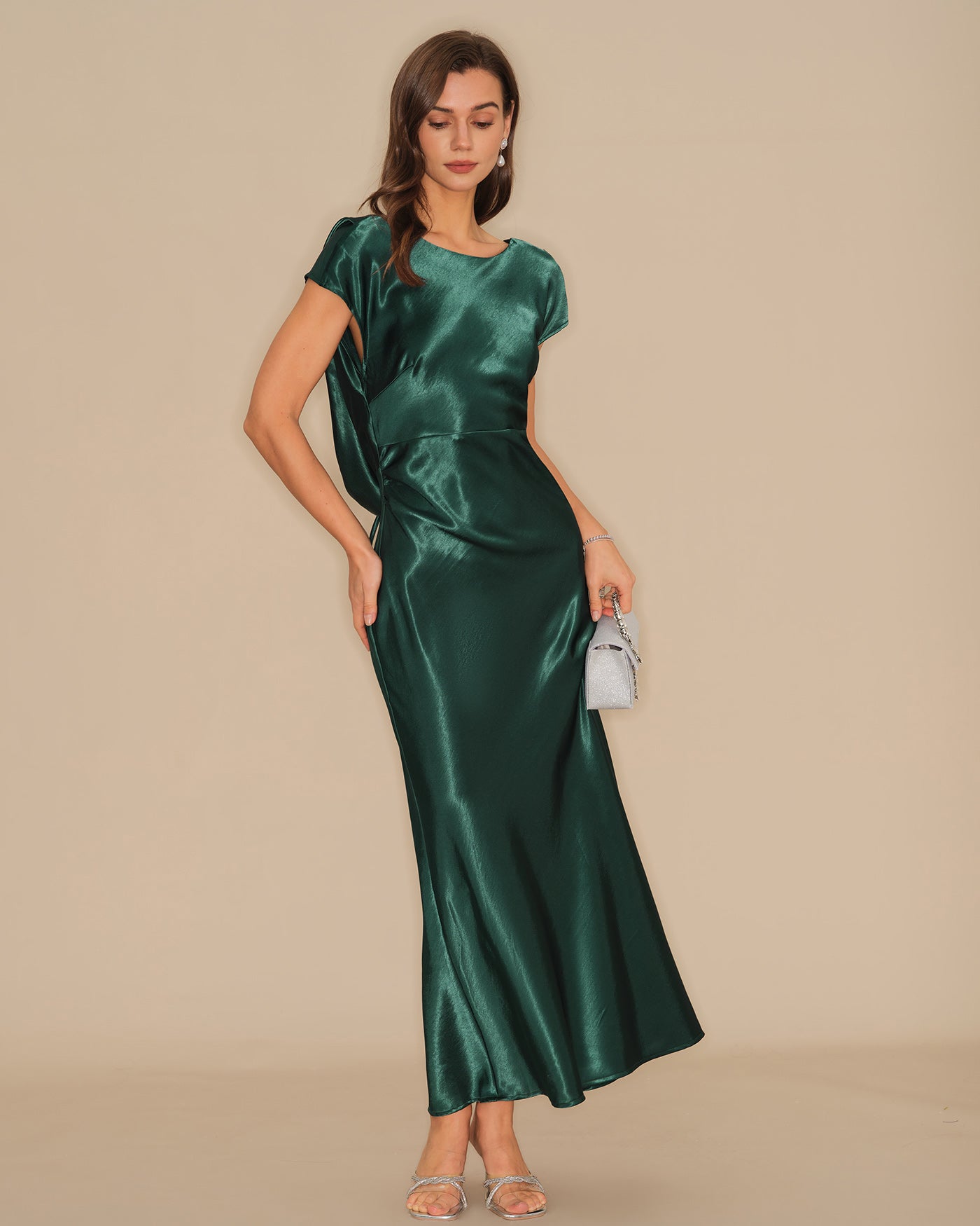 Green Tie Satin Maxi Dress | Rihoas