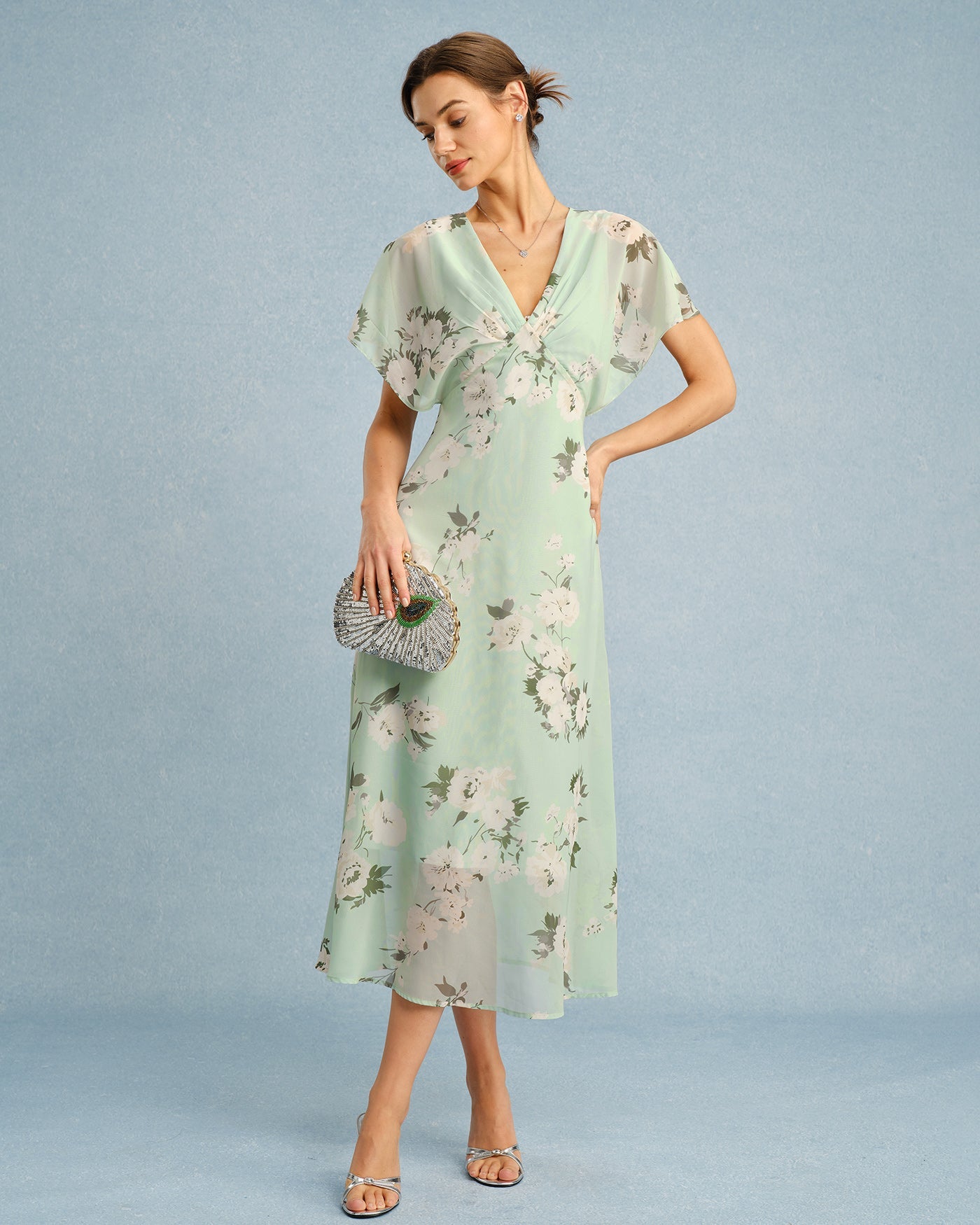 Green V Neck Floral Chiffon Midi Dress | Rihoas