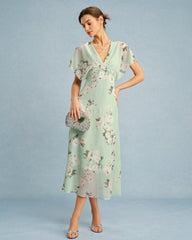 Green V Neck Floral Chiffon Midi Dress | Rihoas