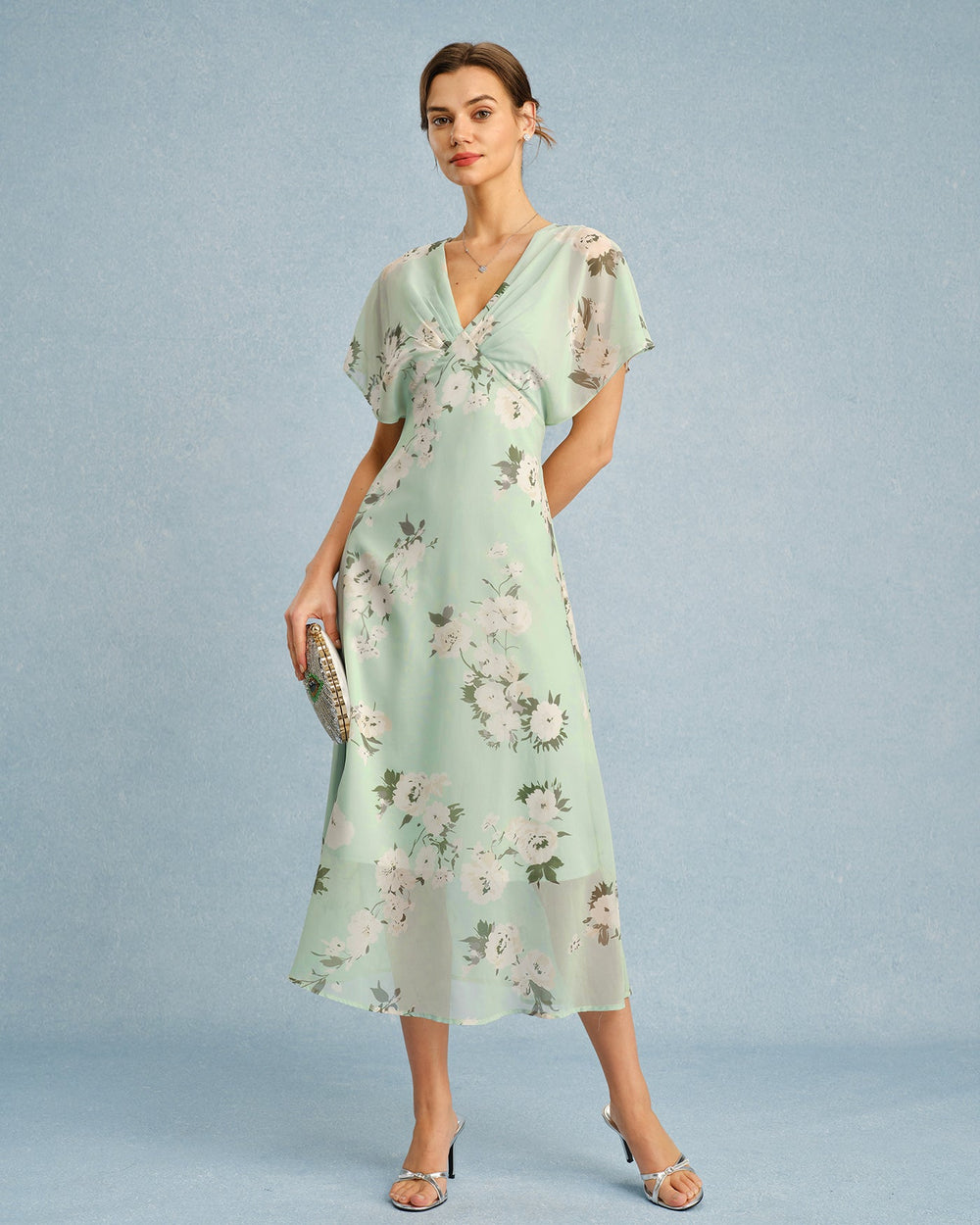 Green V Neck Floral Chiffon Midi Dress | Rihoas