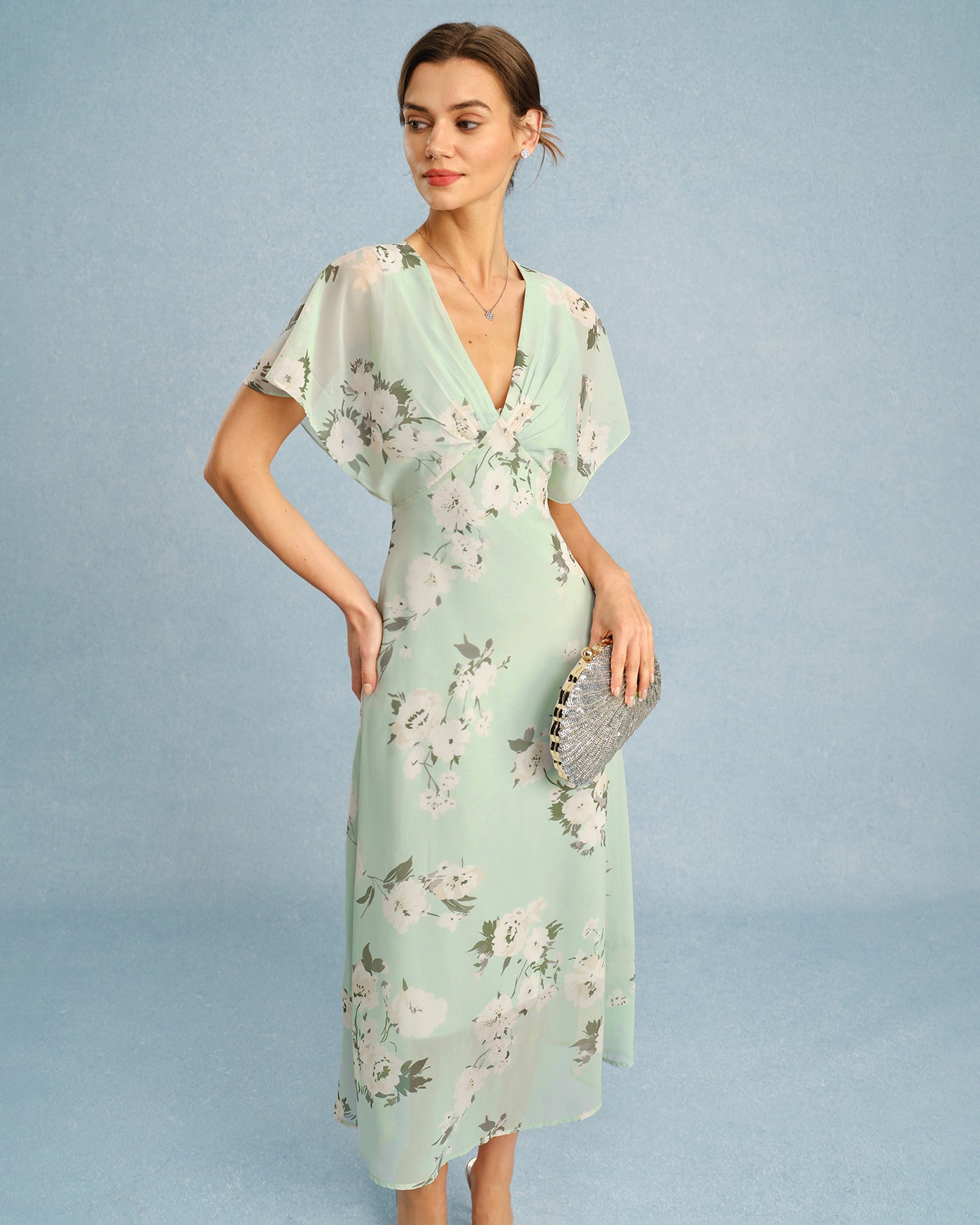 Green V Neck Floral Chiffon Midi Dress | Rihoas