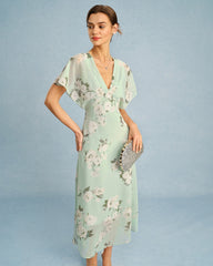 Green V Neck Floral Chiffon Midi Dress | Rihoas