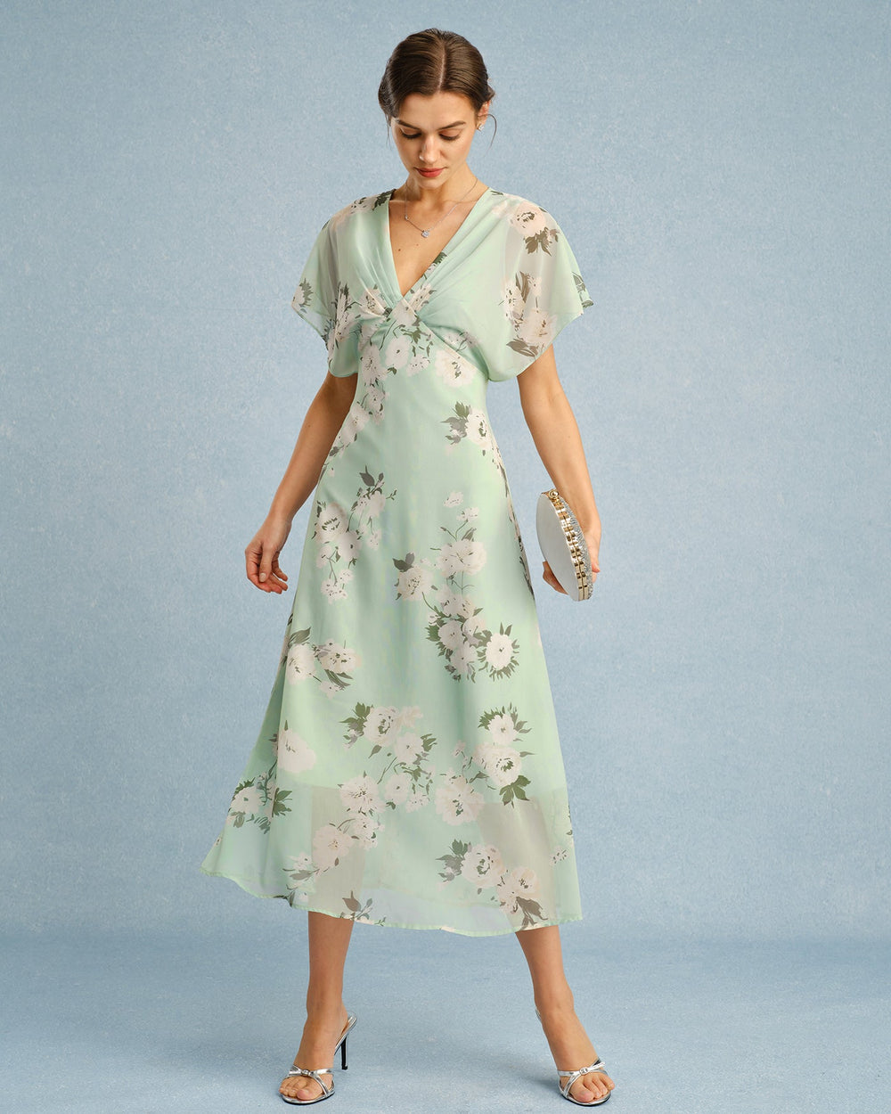 Green V Neck Floral Chiffon Midi Dress | Rihoas