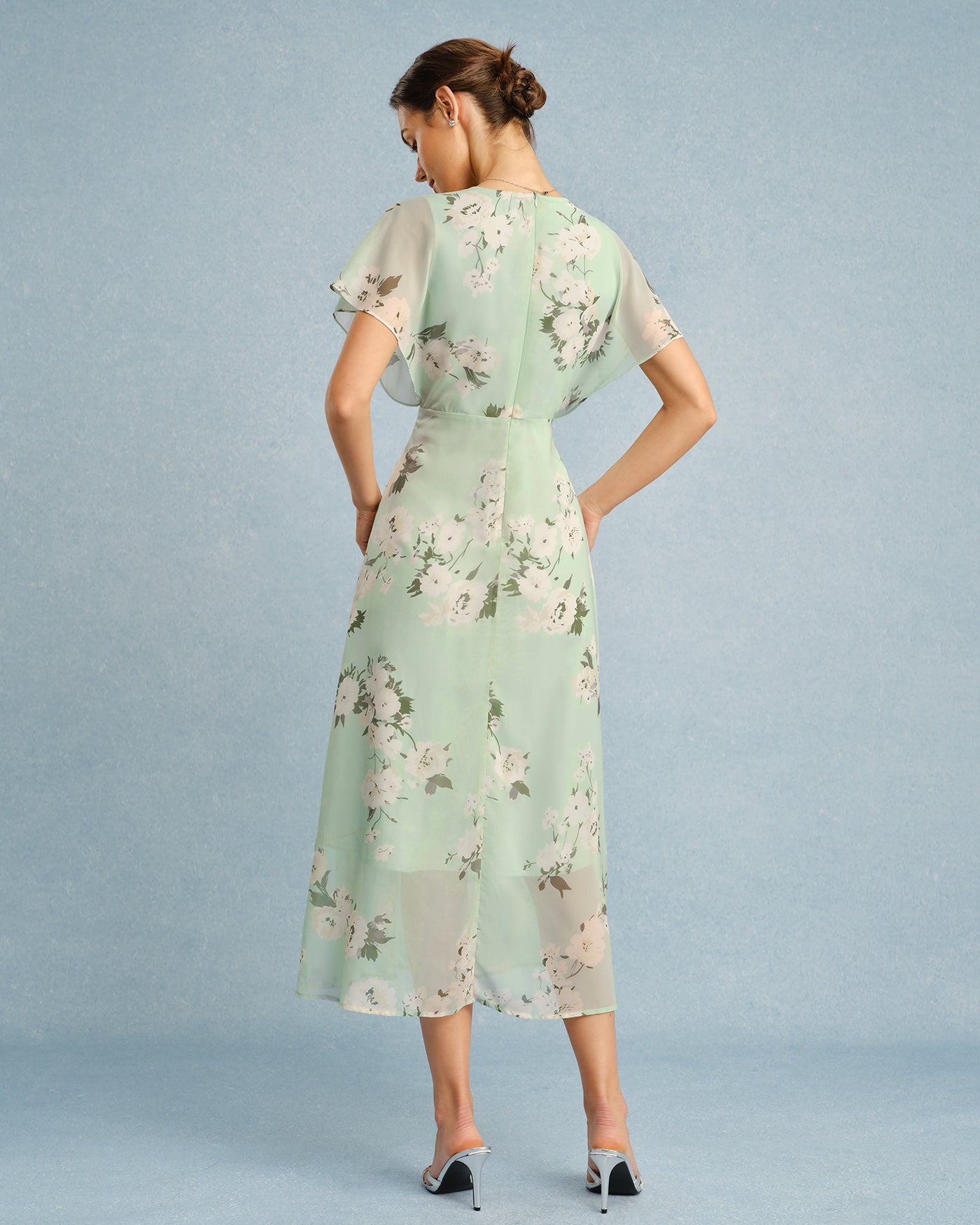 Green V Neck Floral Chiffon Midi Dress | Rihoas