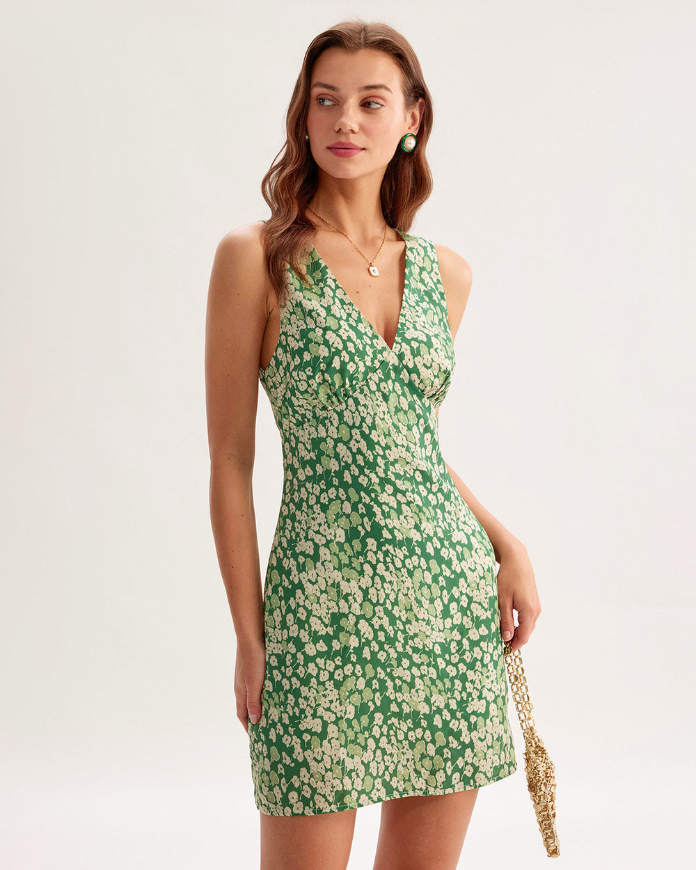 Green Floral Sleeveless Mini Dress | Rihoas