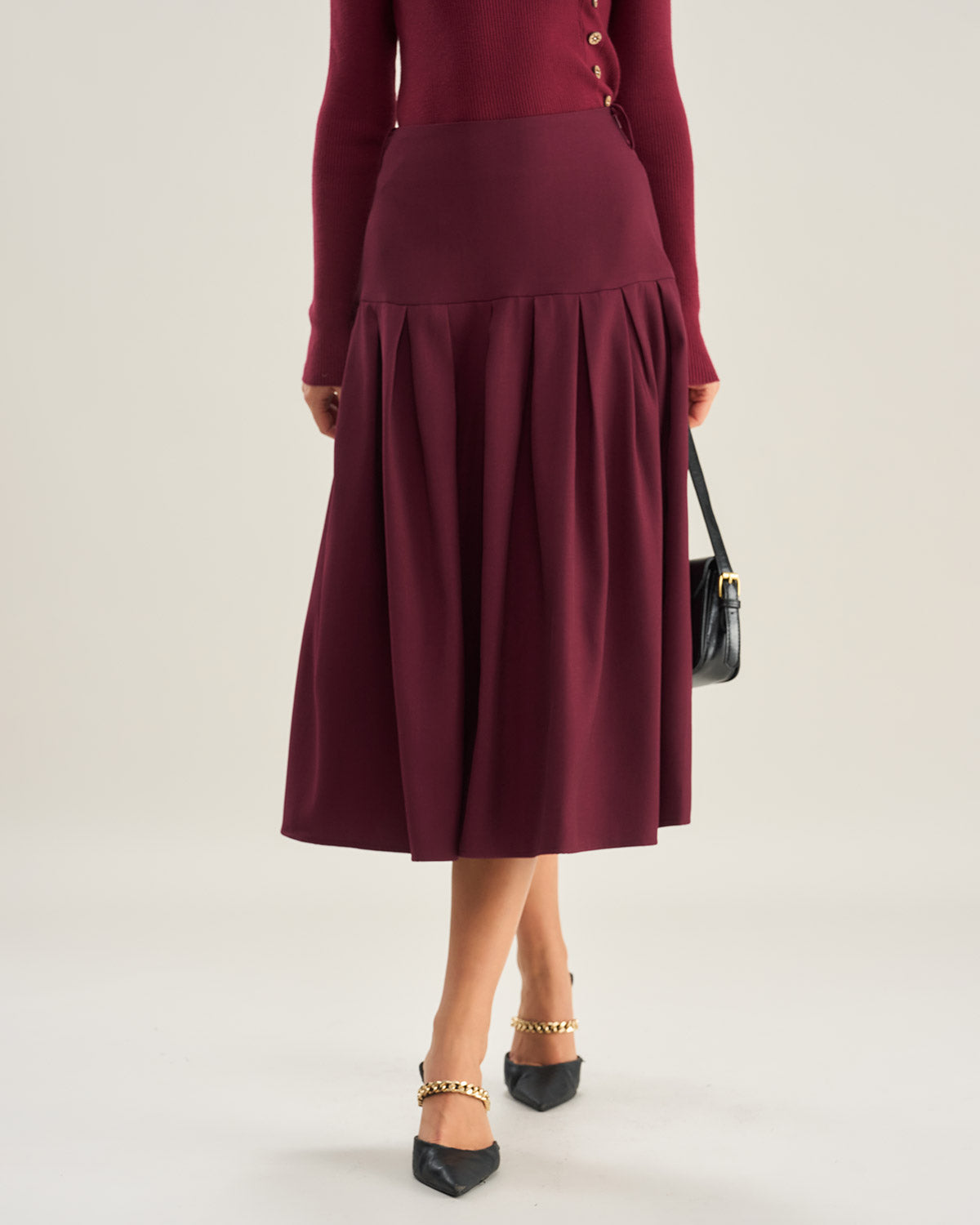 Wine Red Natural Waisted Pleated Midi Skirt | Rihoas