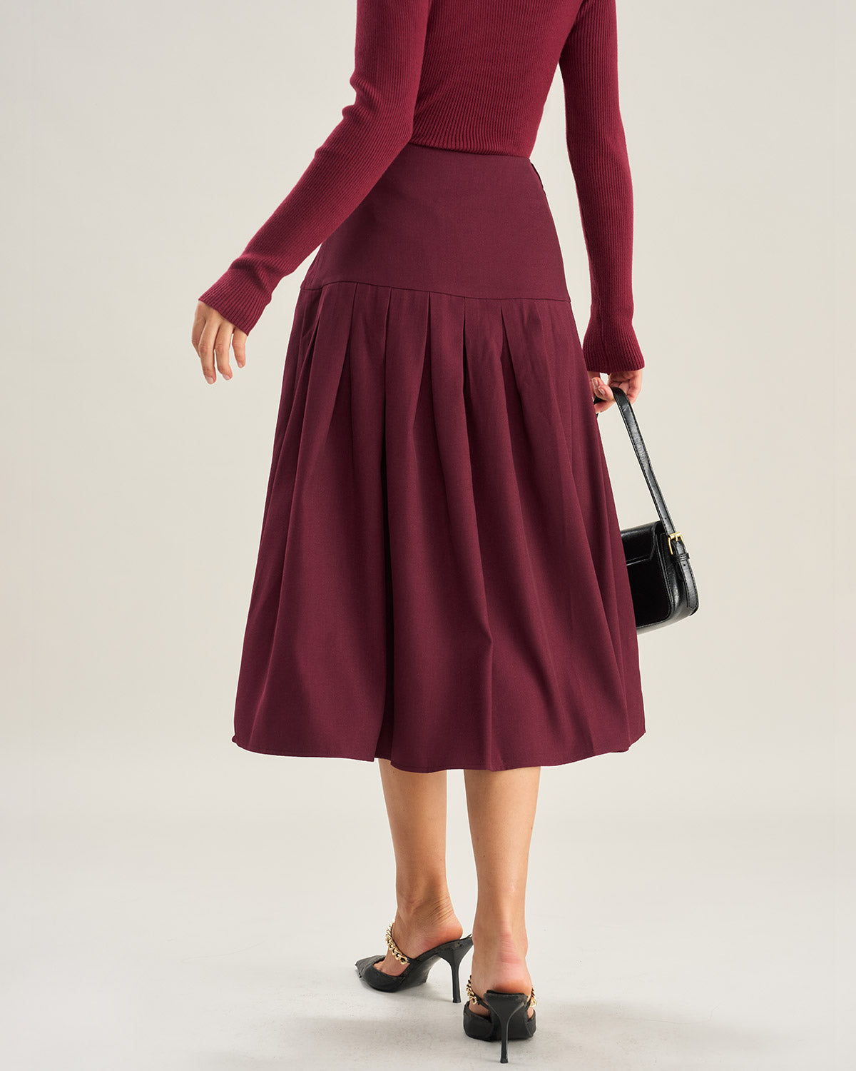 Wine Red Natural Waisted Pleated Midi Skirt | Rihoas