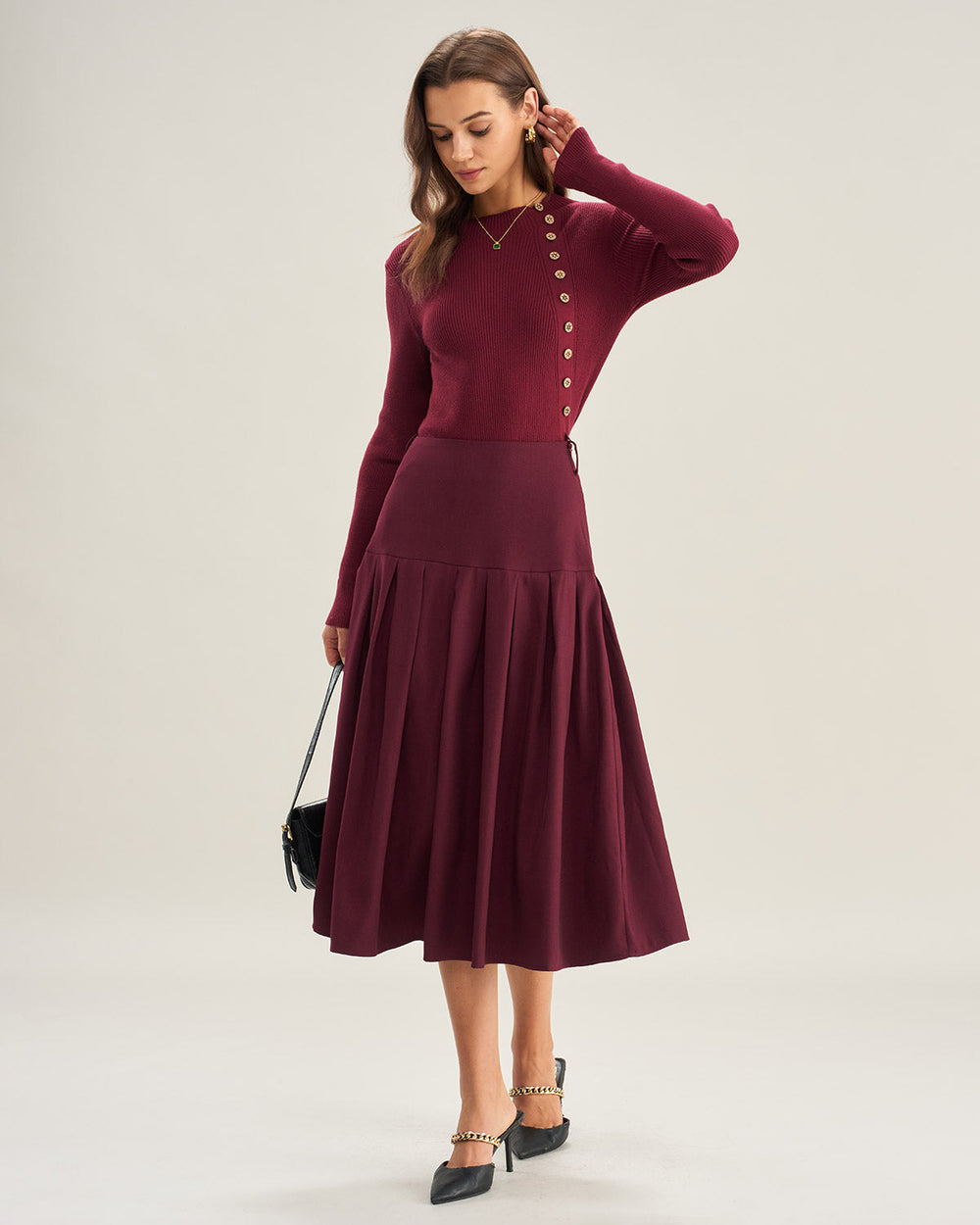 Wine Red Natural Waisted Pleated Midi Skirt | Rihoas