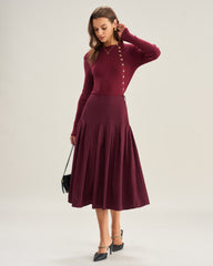 Wine Red Natural Waisted Pleated Midi Skirt | Rihoas
