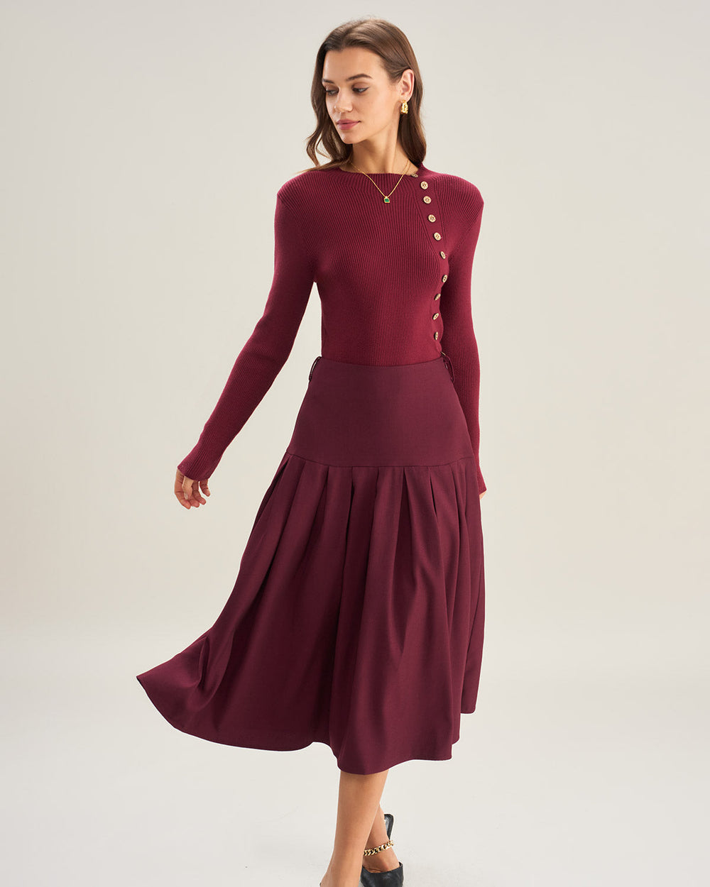 Wine Red Natural Waisted Pleated Midi Skirt | Rihoas