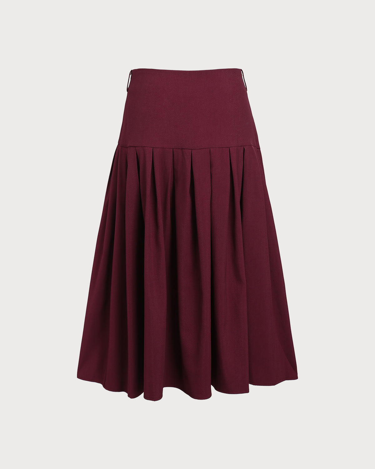 Wine Red Natural Waisted Pleated Midi Skirt | Rihoas