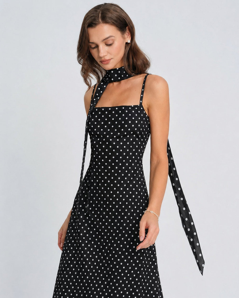 Black Polka Dot Cowl Neck Slip Maxi Dress | Rihoas