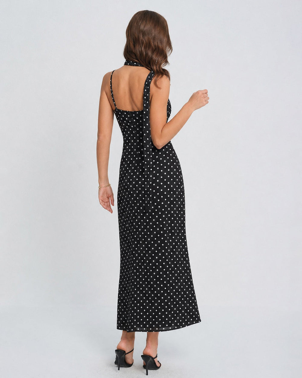 Black Polka Dot Cowl Neck Slip Maxi Dress | Rihoas